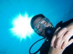 "Buddy" portrait and sunburst taken at Sharksbay with E300. by Nikki Van Veelen 